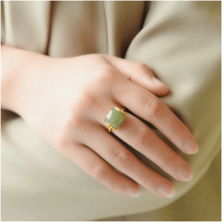 Bague Jade Vert Essence d'Abondance Plaqué Or - Biloria