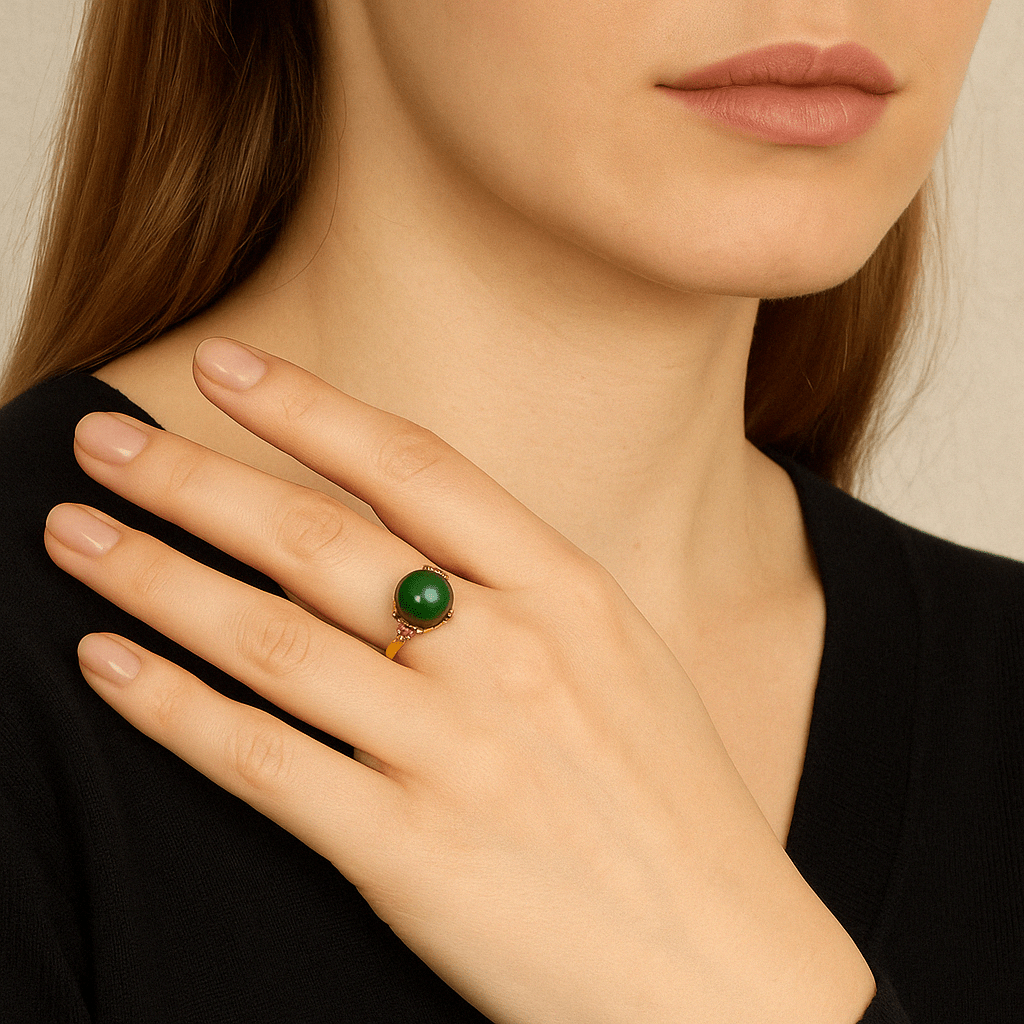 Bague Jade Vert et Zircon - Argent Plaqué Or Réglable - Biloria