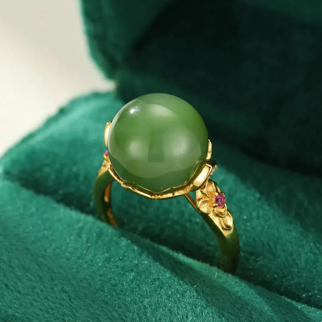 Bague Jade Vert et Zircon - Argent Plaqué Or Réglable - Biloria