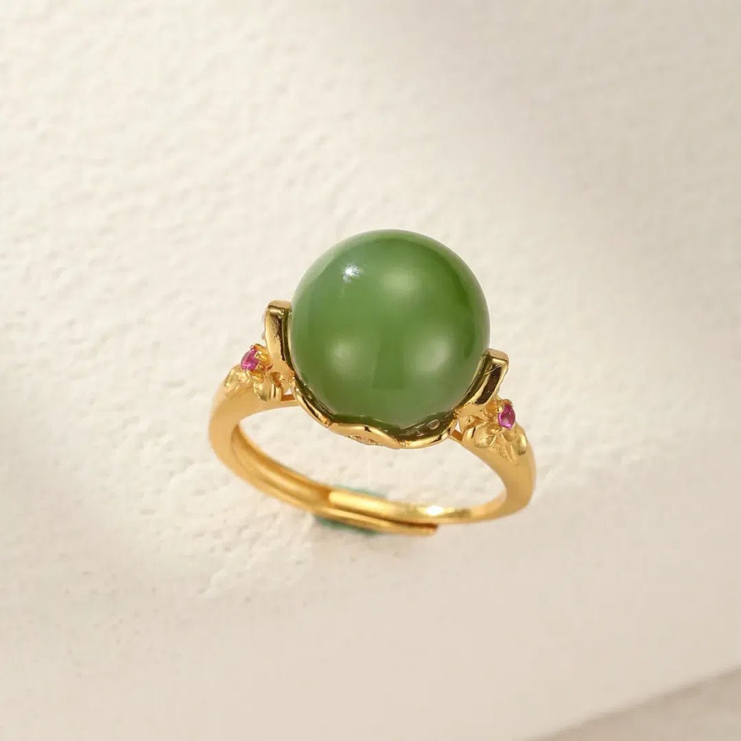 Bague Jade Vert et Zircon - Argent Plaqué Or Réglable - Biloria