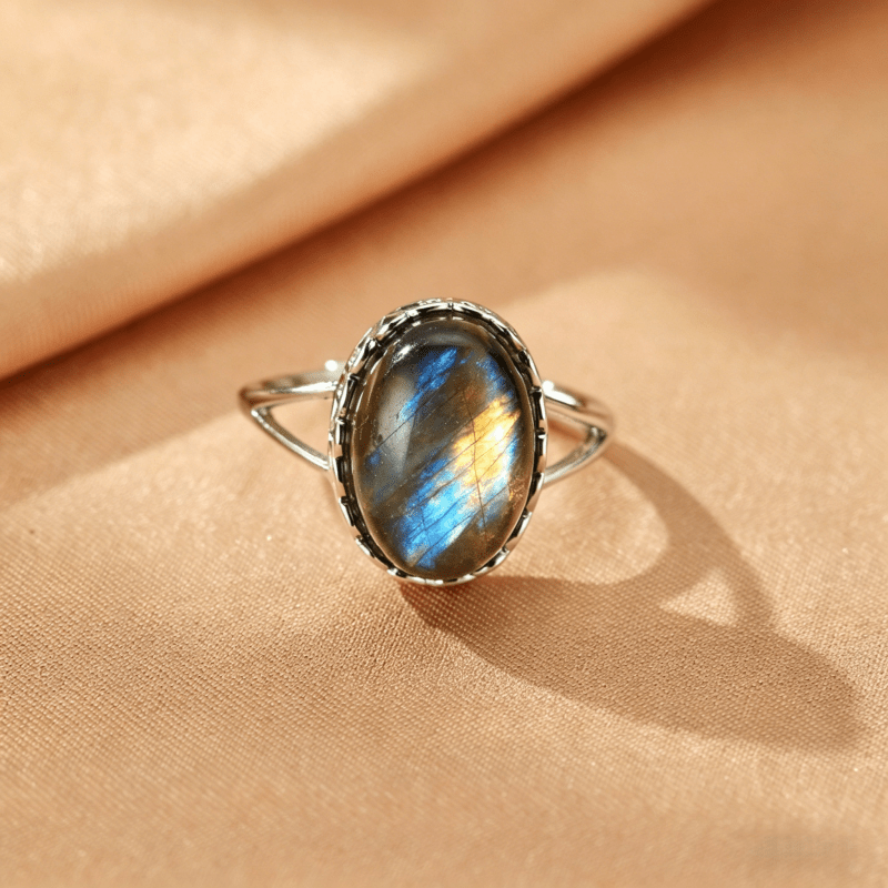 Bague Labradorite Ajustable – Pierre Naturelle aux Reflets Irisés - Biloria