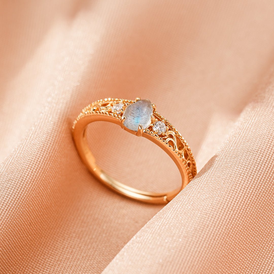 Bague Labradorite Zircon Argent Plaqué Or 10K Ajustable - Biloria