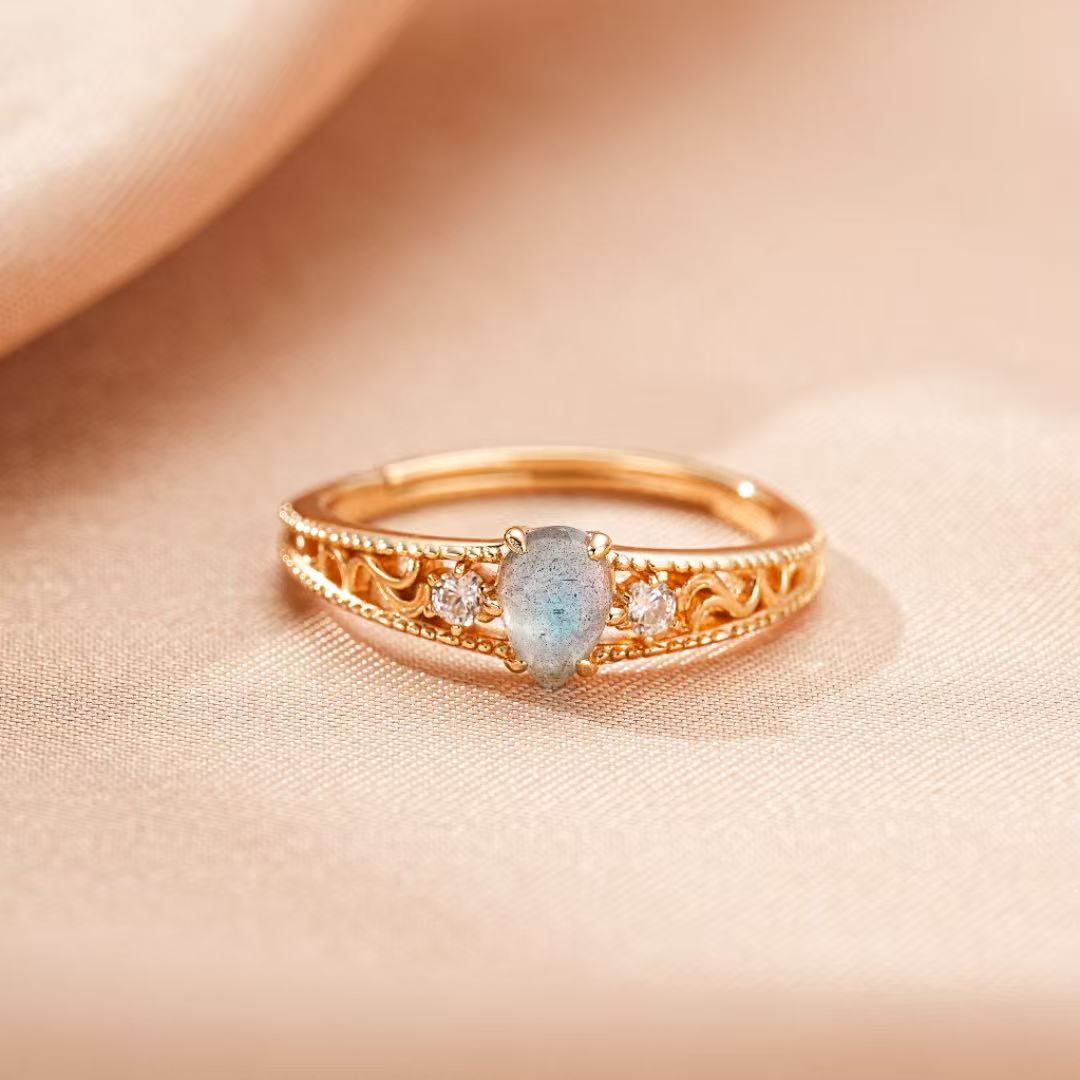 Bague Labradorite Zircon Argent Plaqué Or 10K Ajustable - Biloria