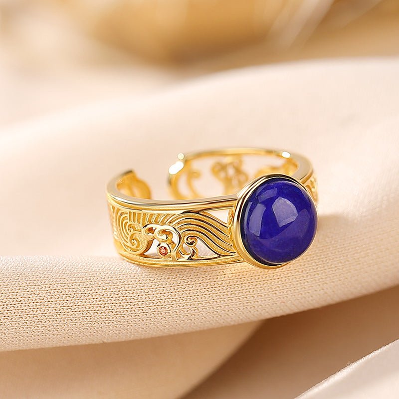 Bague Lapis Lazuli et Ondes d'Argent Plaqué Or - Feng Shui - Biloria