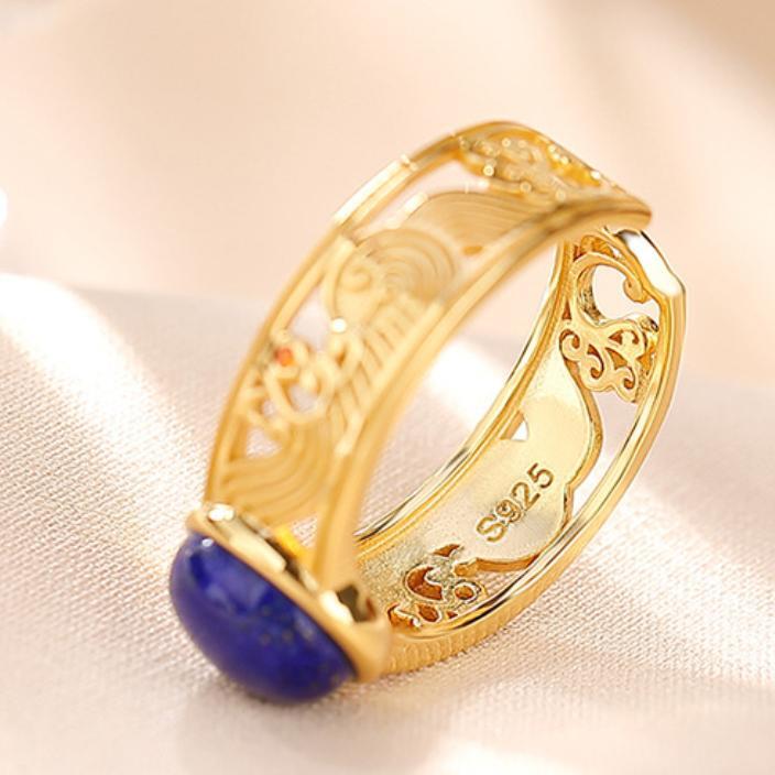 Bague Lapis Lazuli et Ondes d'Argent Plaqué Or - Feng Shui - Biloria