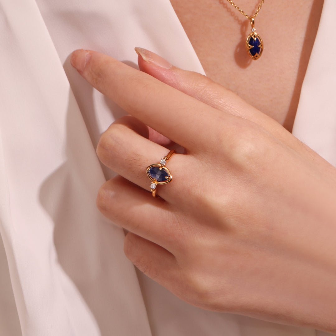 Bague Lapis Lazuli Quartz Clair Réversible Argent Plaqué Or - Biloria