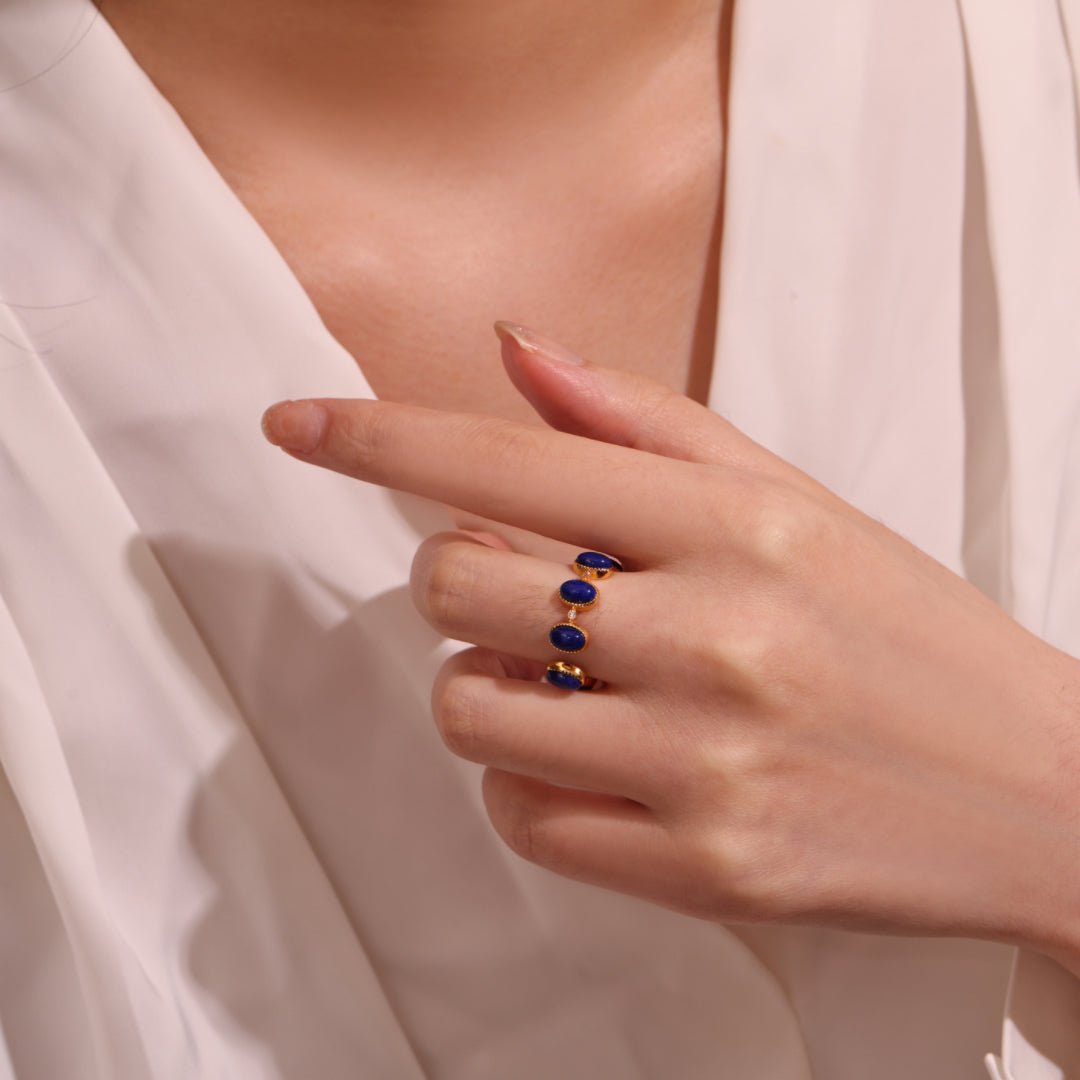 Bague Lapis Lazuli Zircon Argent Plaqué Or Ajustable - Biloria