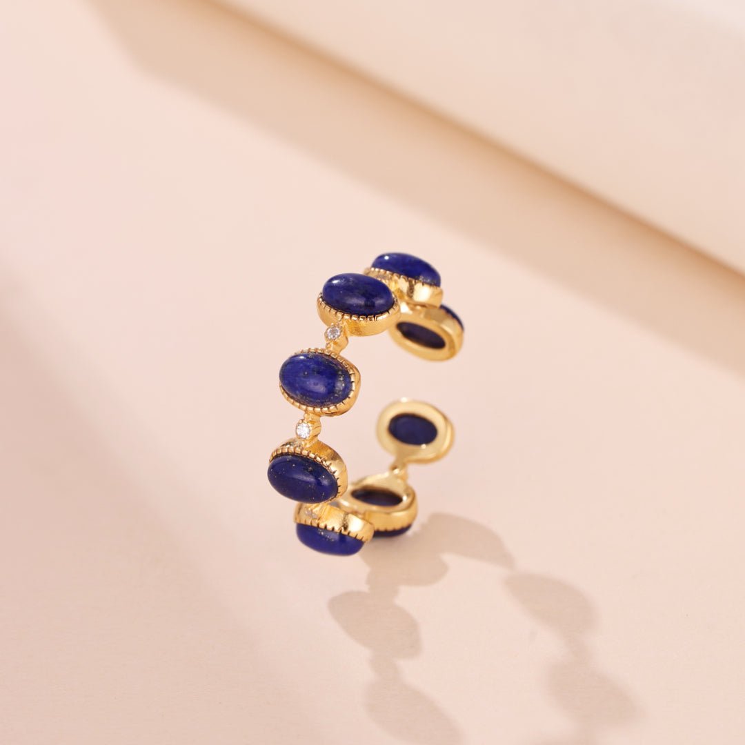 Bague Lapis Lazuli Zircon Argent Plaqué Or Ajustable - Biloria