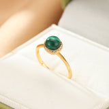 Bague Malachite et Zircons - Argent Plaqué Or Ajustable - Biloria