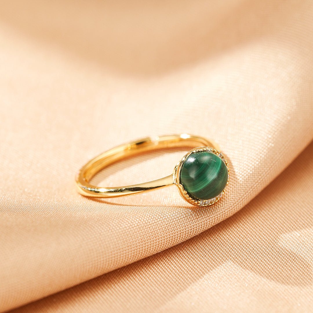 Bague Malachite et Zircons - Argent Plaqué Or Ajustable - Biloria