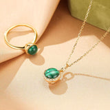 Bague Malachite et Zircons - Argent Plaqué Or Ajustable - Biloria