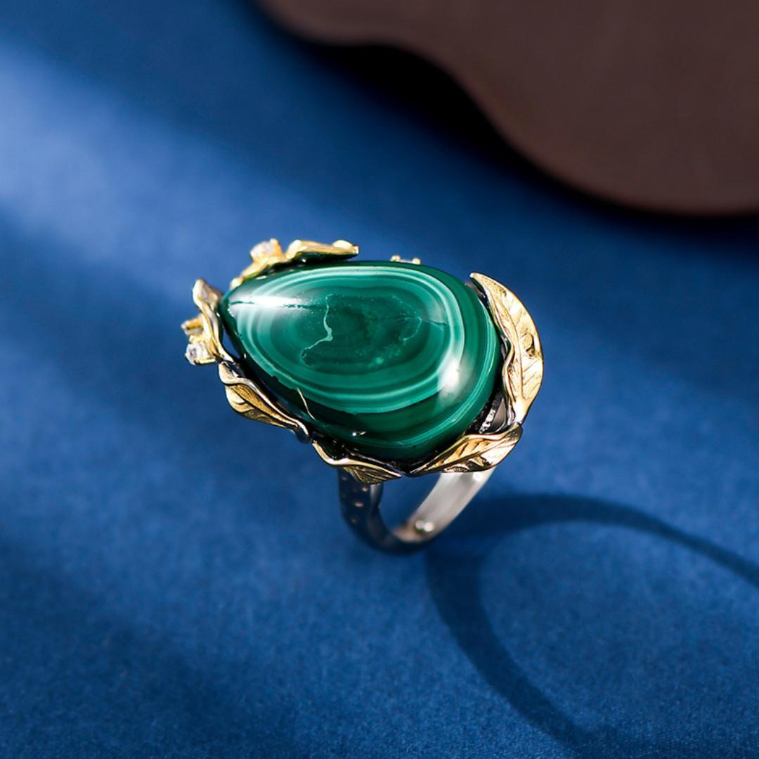 Bague Malachite Feuille de Chance Argent Plaqué Or Ajustable - Biloria