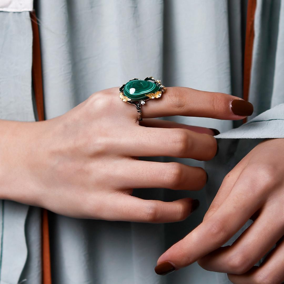 Bague Malachite Feuille de Chance Argent Plaqué Or Ajustable - Biloria