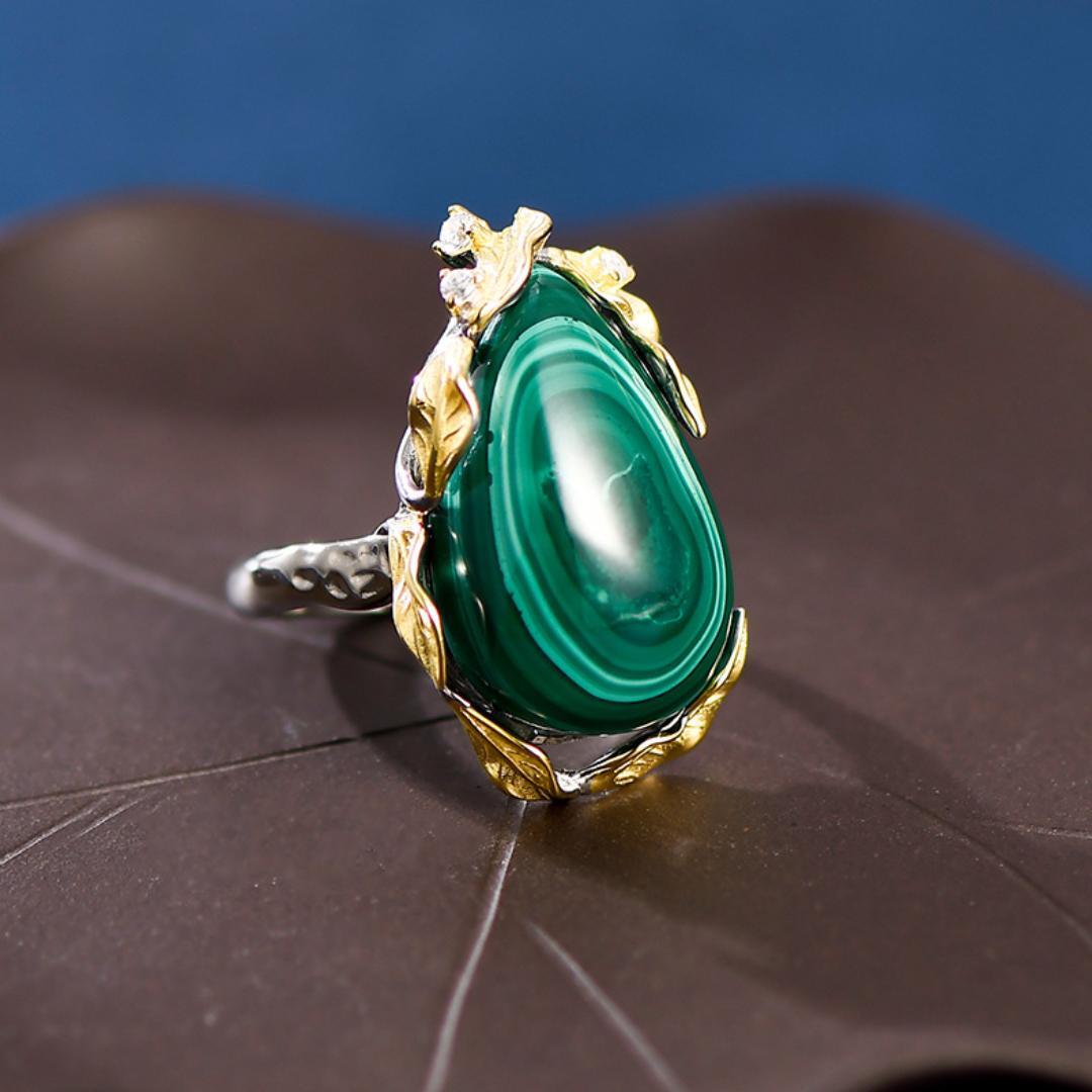 Bague Malachite Feuille de Chance Argent Plaqué Or Ajustable - Biloria