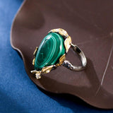 Bague Malachite Feuille de Chance Argent Plaqué Or Ajustable - Biloria