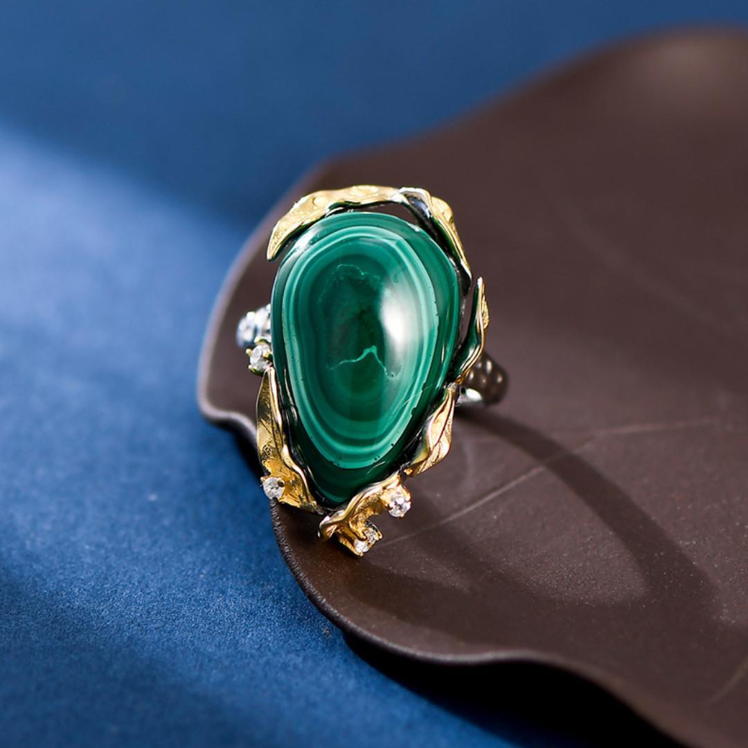 Bague Malachite Feuille de Chance Argent Plaqué Or Ajustable - Biloria