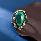 Bague Malachite Feuille de Chance Argent Plaqué Or Ajustable - Biloria