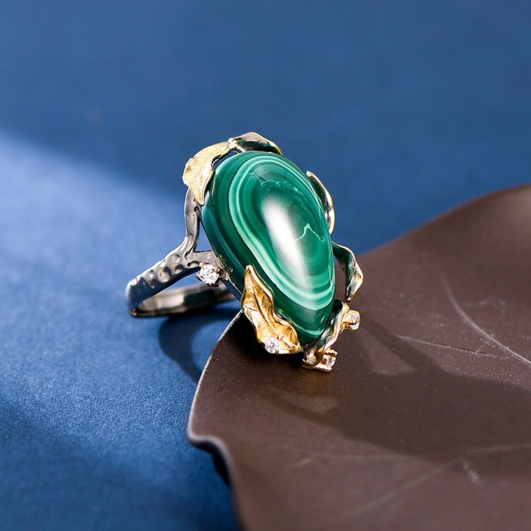 Bague Malachite Feuille de Chance Argent Plaqué Or Ajustable - Biloria