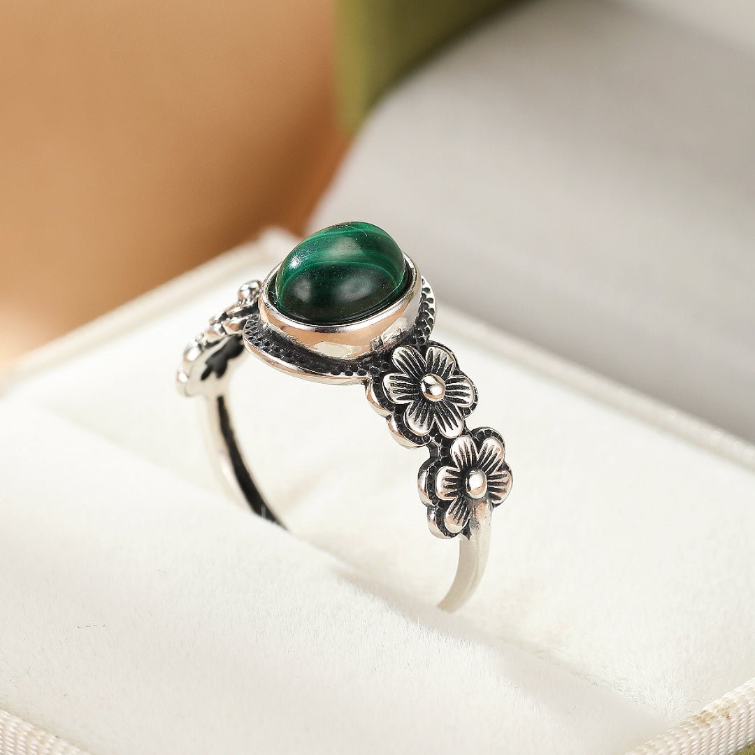 Bague Malachite Fleur Argent 925 Ajustable Féminin - Biloria