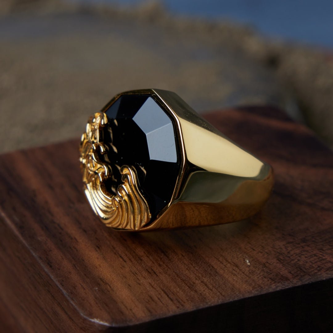 Bague Obsidienne Noire Homme – Argent Plaqué Or, Protection - Biloria