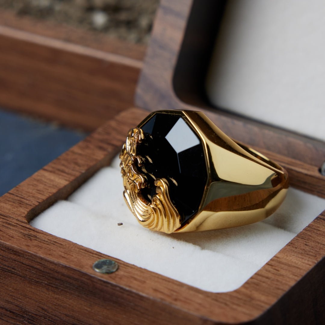Bague Obsidienne Noire Homme – Argent Plaqué Or, Protection - Biloria