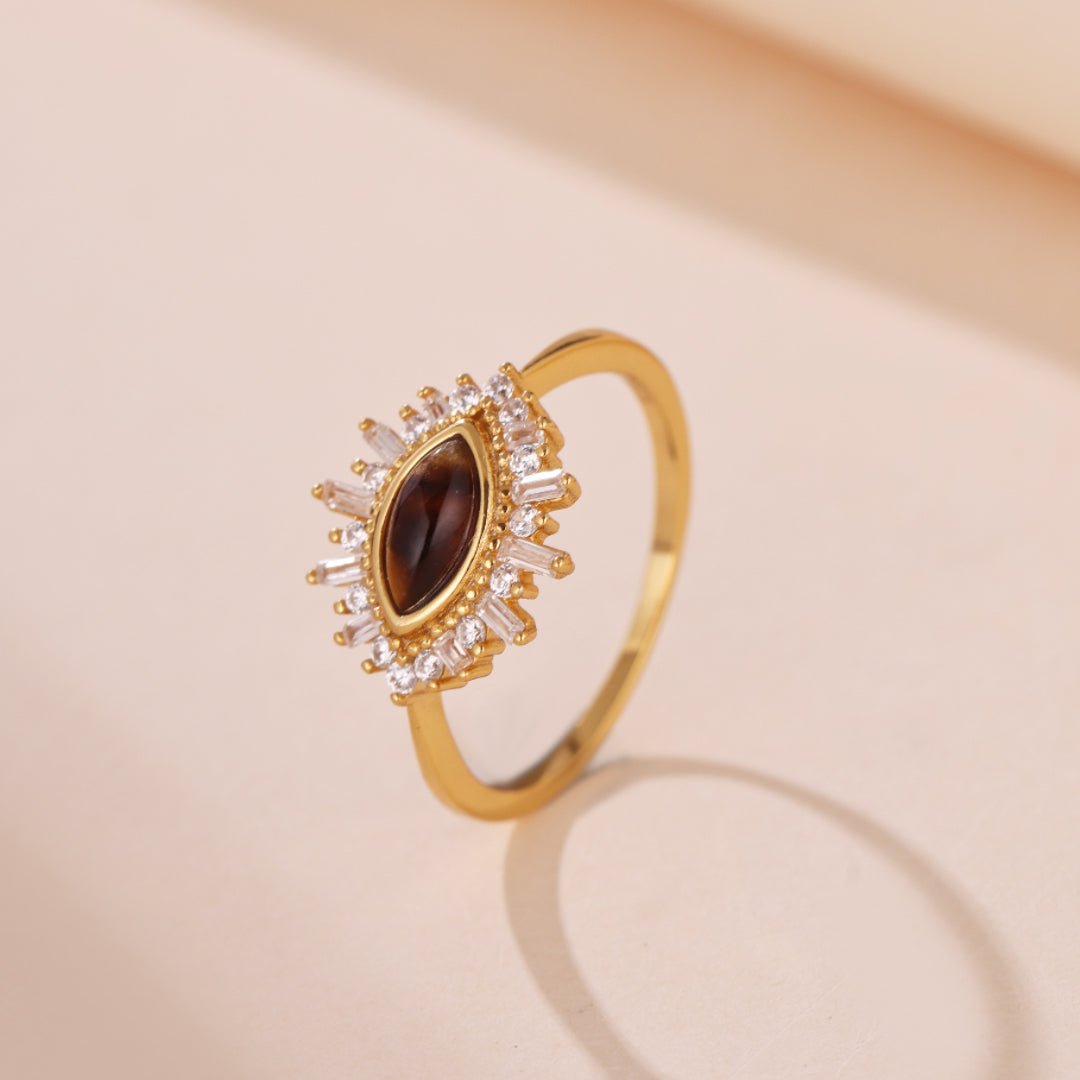 Bague Œil de Tigre Larme – Protection et Élégance Argent Plaqué Or - Biloria