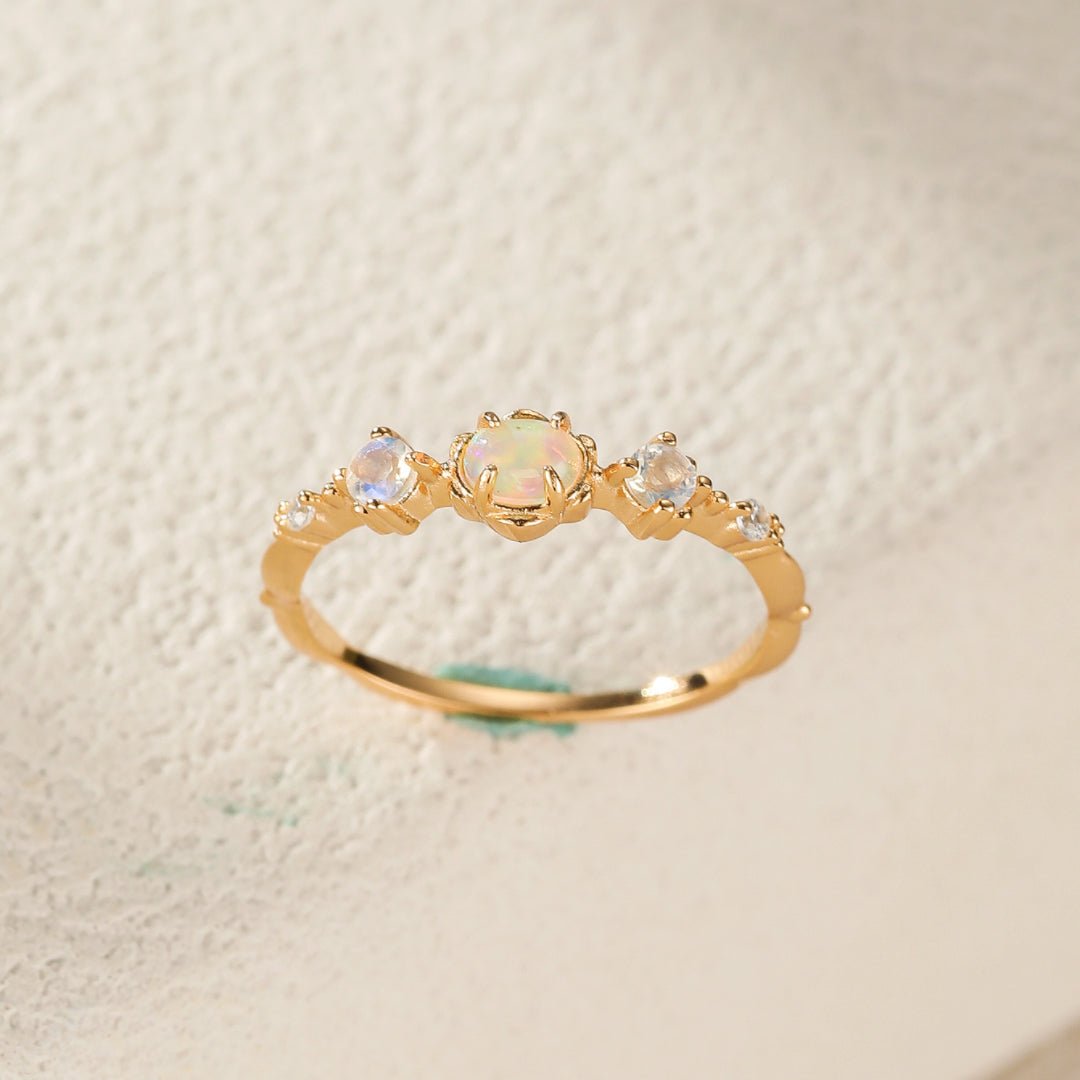 Bague Opale et Pierre de Lune ajustable argent plaqué or - Biloria