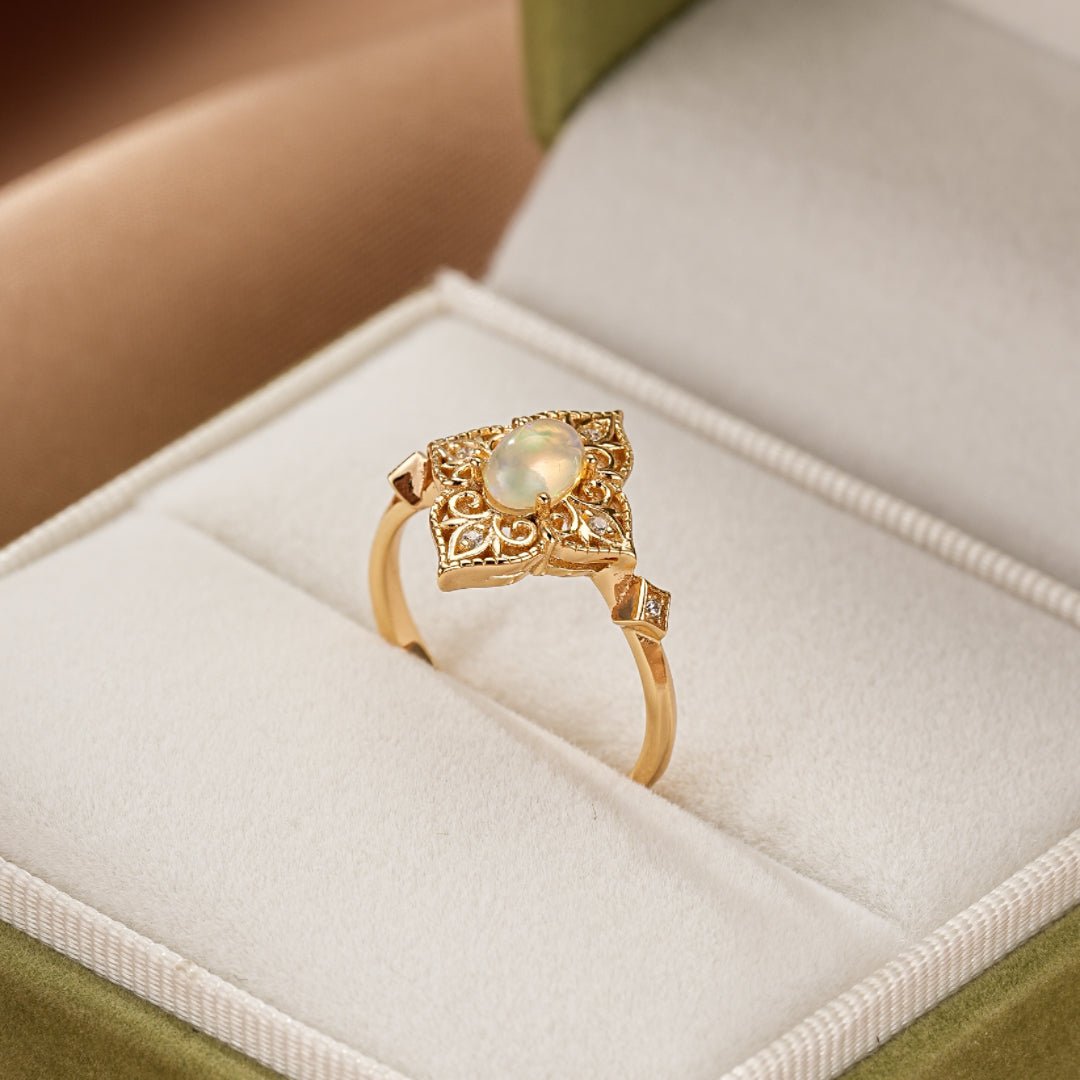 Bague Opale Naturelle Argent Plaqué Or 10K Bijou Bohème Ajustable - Biloria
