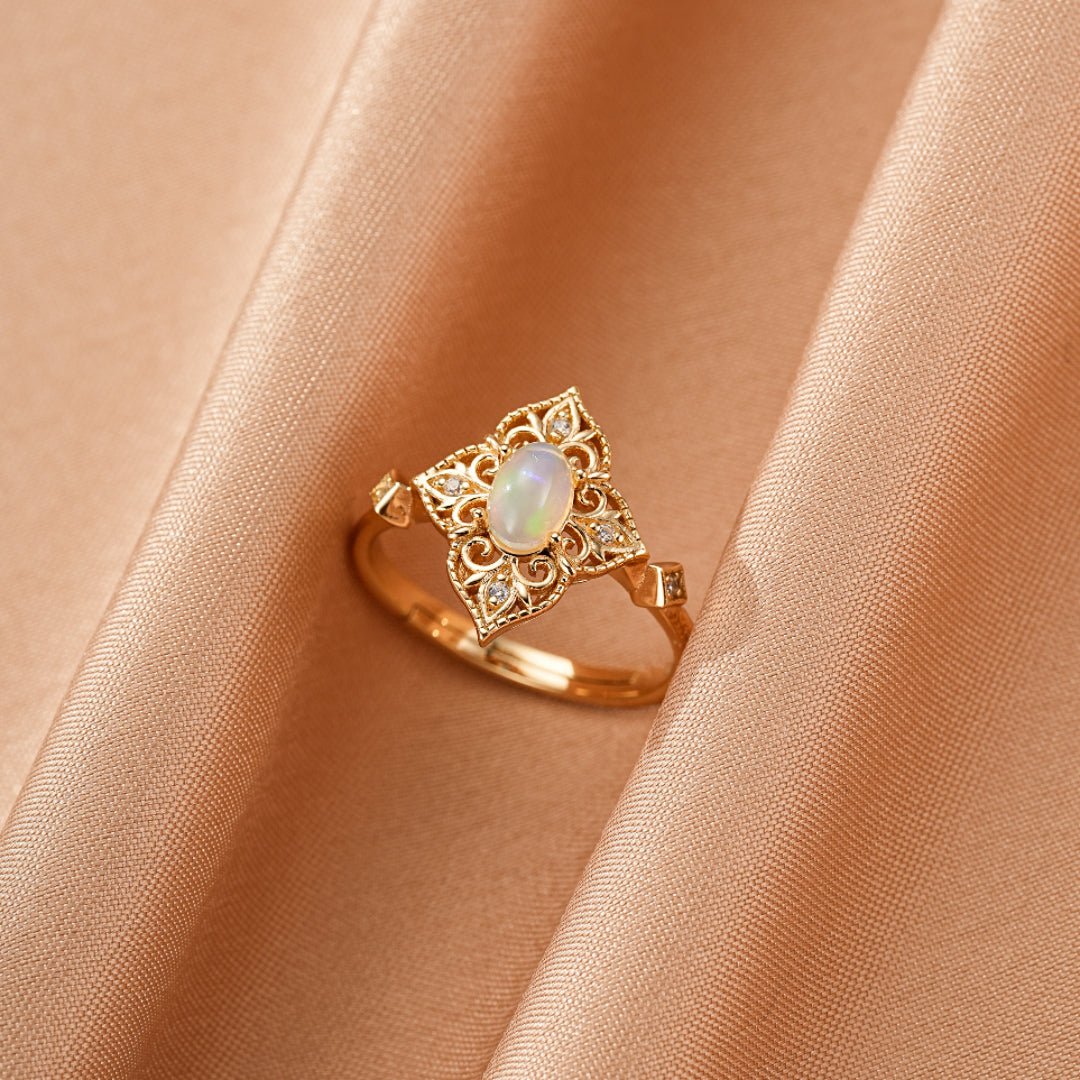 Bague Opale Naturelle Argent Plaqué Or 10K Bijou Bohème Ajustable - Biloria
