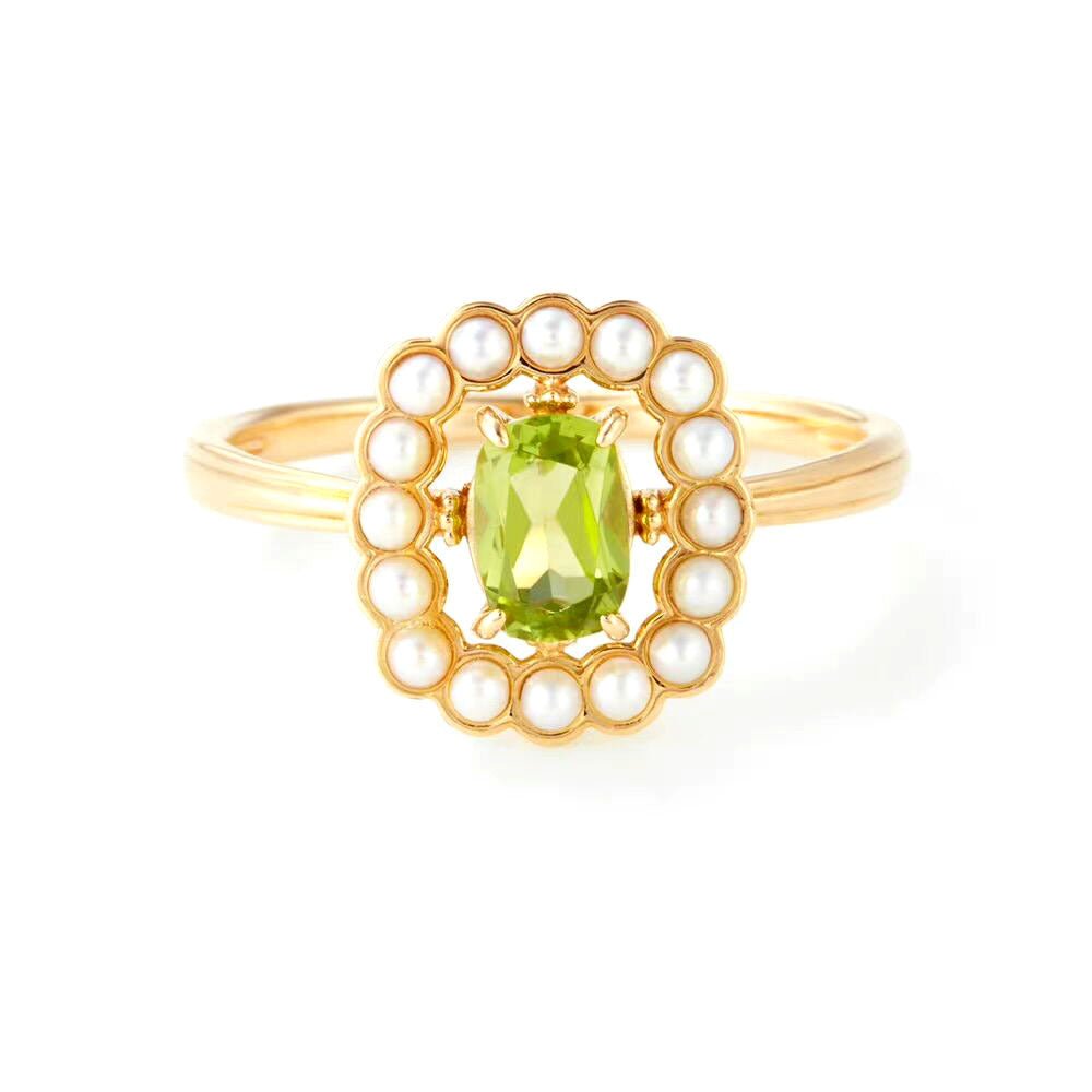 Bague Péridot et Perle en Argent Plaqué Or – Éclat et Harmonie - Biloria