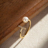 Bague Perle et Zircon Argent Plaqué Or Symbole Sagesse - Biloria