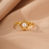 Bague Perle Fleur Dorée Plaqué Or 18K Ajustable - Biloria
