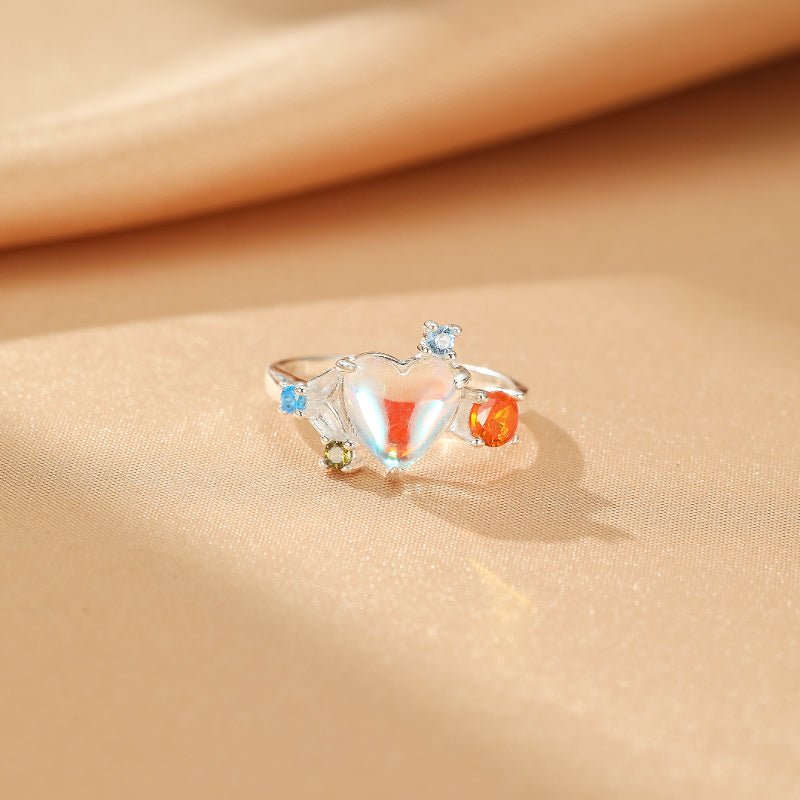 Bague Pierre de Lune ajustable argent cœur céleste zircons - Biloria