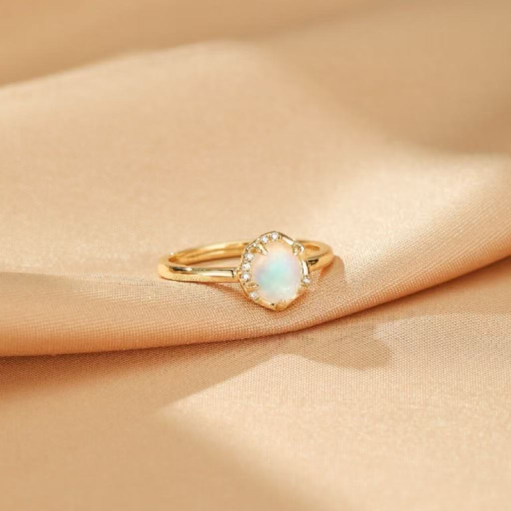 Bague Pierre de Lune ajustable argent plaqué or 10K - Biloria