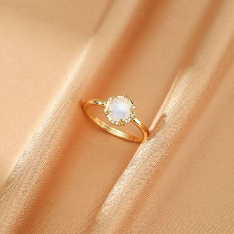Bague Pierre de Lune ajustable argent plaqué or 10K - Biloria