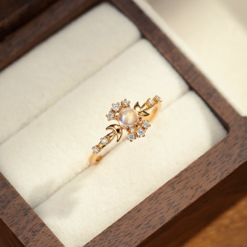 Bague Pierre de Lune avec Zircons - Argent Plaqué Or Ajustable - Biloria
