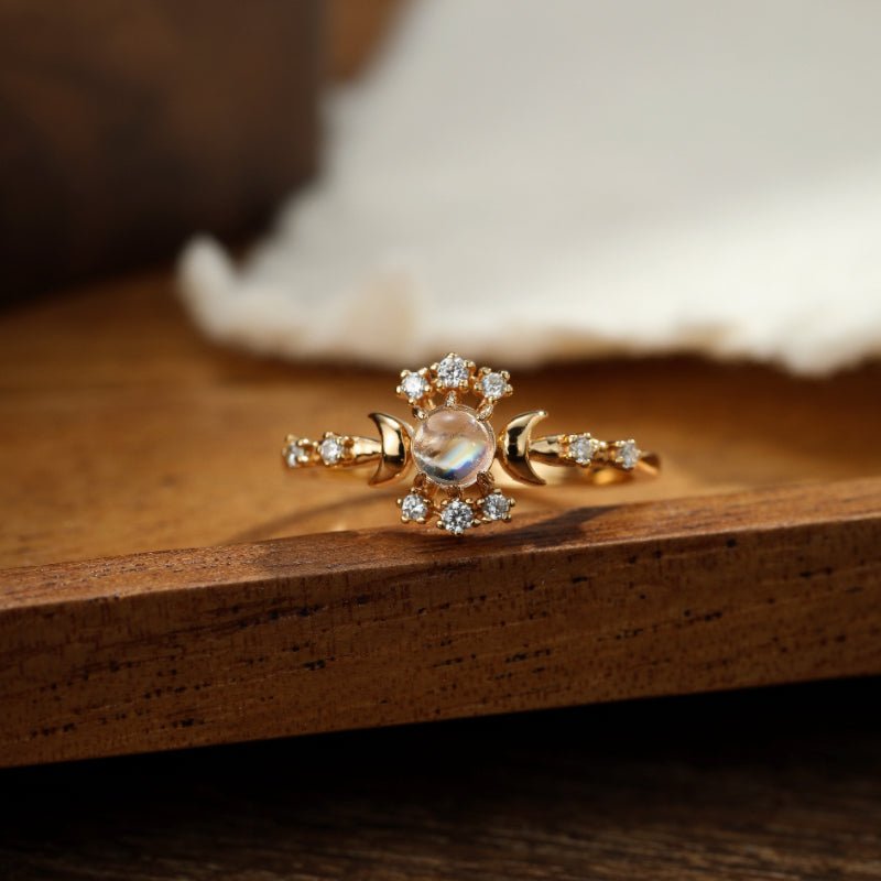 Bague Pierre de Lune avec Zircons - Argent Plaqué Or Ajustable - Biloria