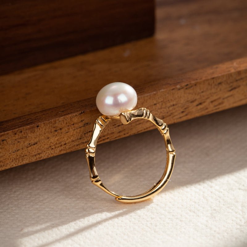 Bague Pierre de Lune Bambou Argent Plaqué Or Ajustable - Biloria