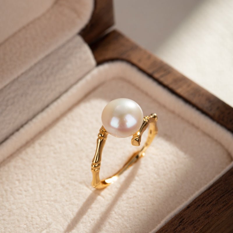Bague Pierre de Lune Bambou Argent Plaqué Or Ajustable - Biloria