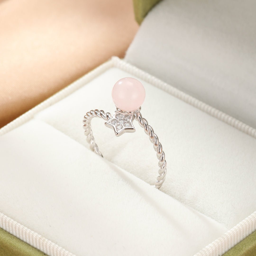 Bague Quartz Rose Argent 925 Ajustable Étoile Zircon - Biloria