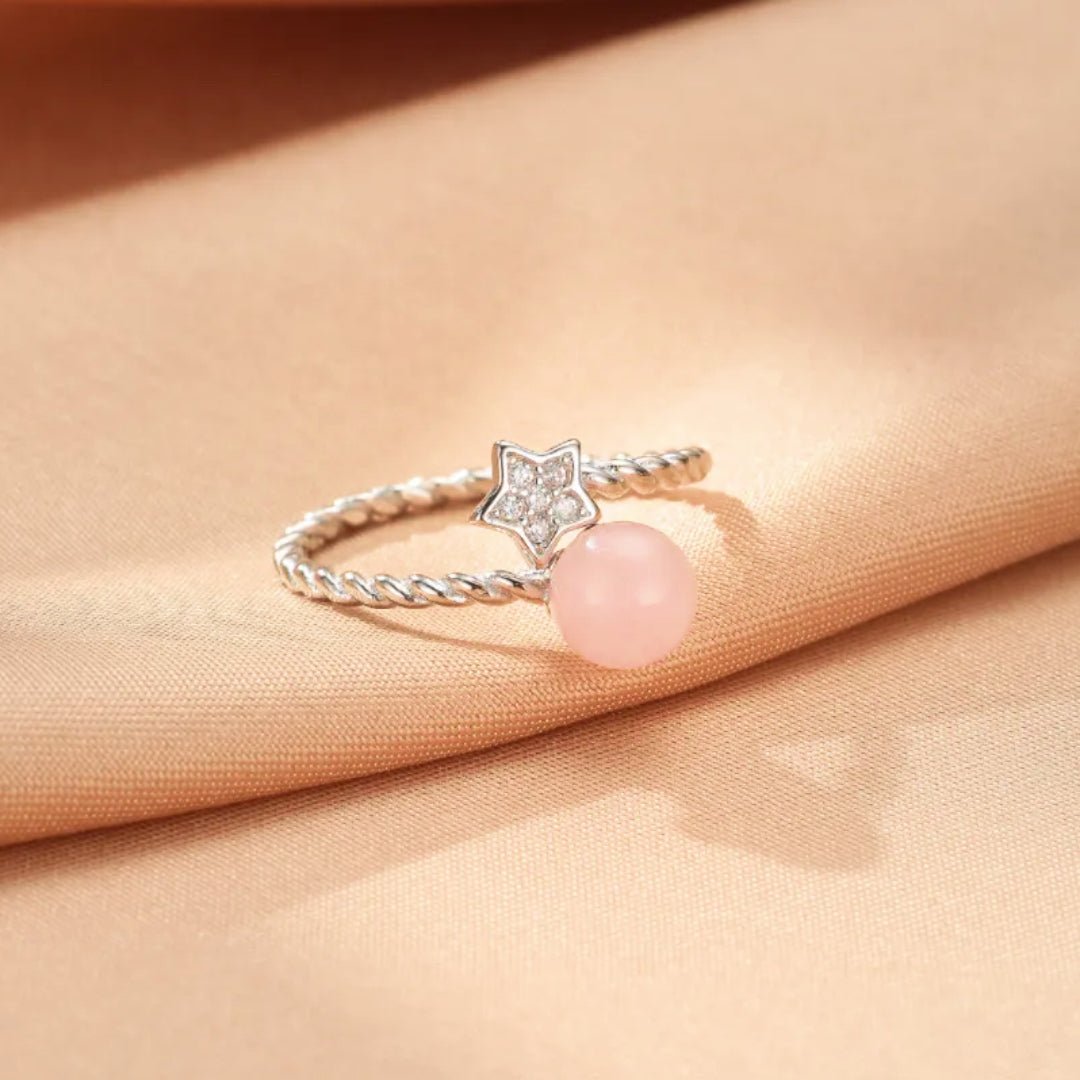 Bague Quartz Rose Argent 925 Ajustable Étoile Zircon - Biloria
