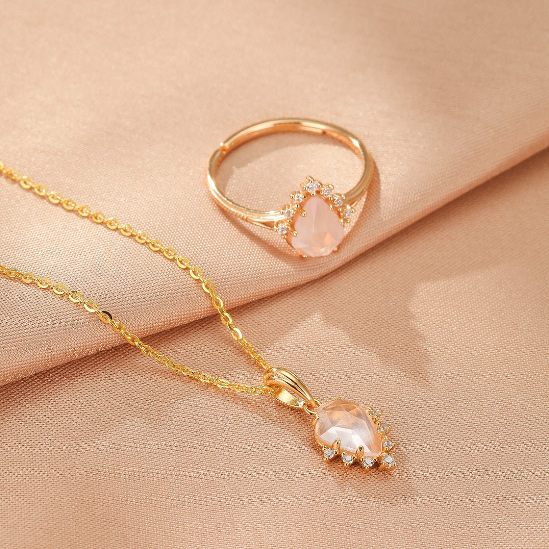 Bague Quartz Rose Goutte Étoilée Argent Plaqué Or 9K - Biloria