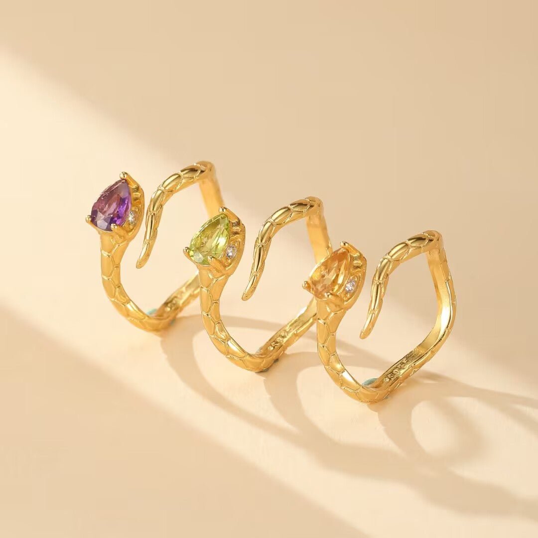 Bague Serpent Aura Divine - Argent Plaqué Or et Pierre Naturelle - Biloria