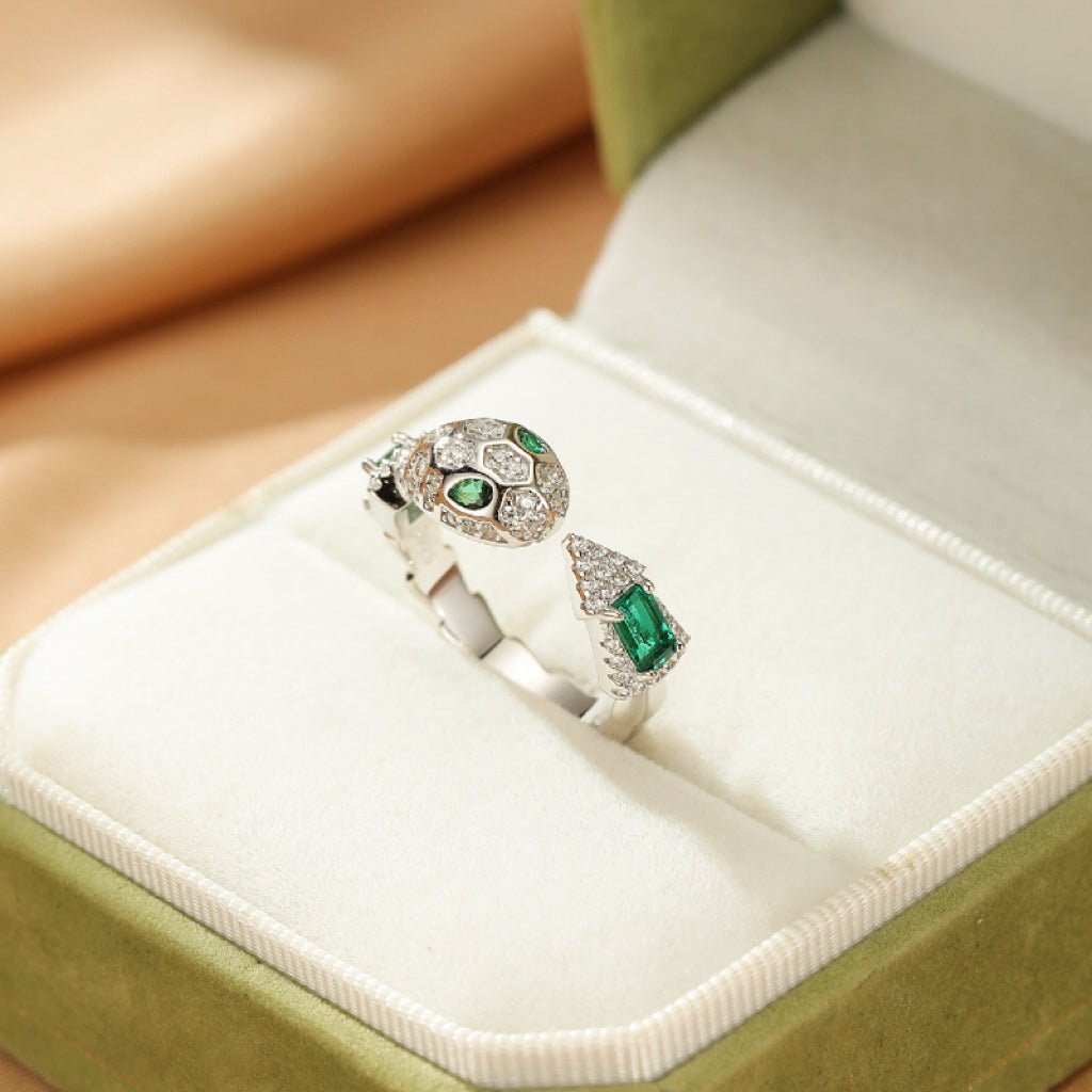 Bague Serpent Mystique avec Émeraude et Zircons - Argent 925 Ajustable - Biloria