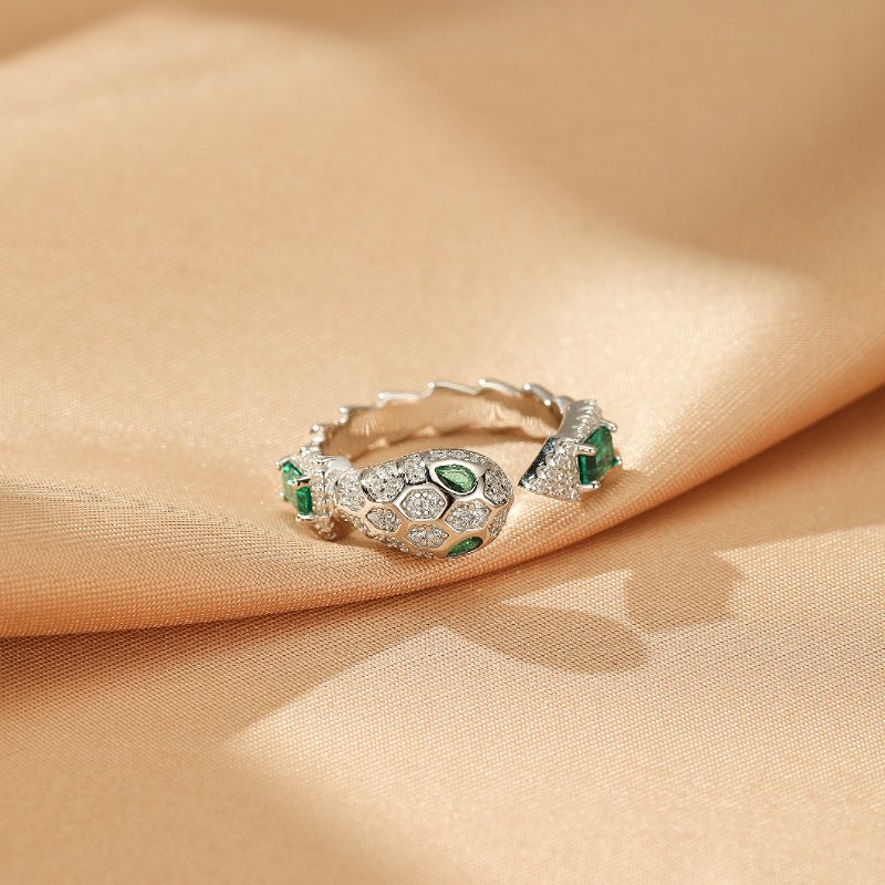 Bague Serpent Mystique avec Émeraude et Zircons - Argent 925 Ajustable - Biloria