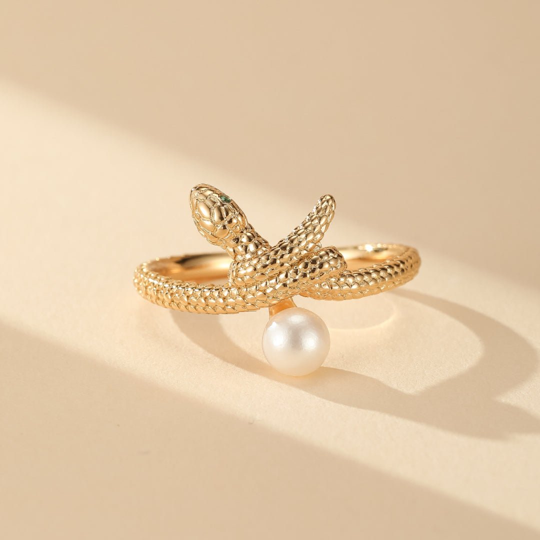 Bague Serpent Perle Chant Opalin – Bijou Symbolique Argent Plaqué Or - Biloria
