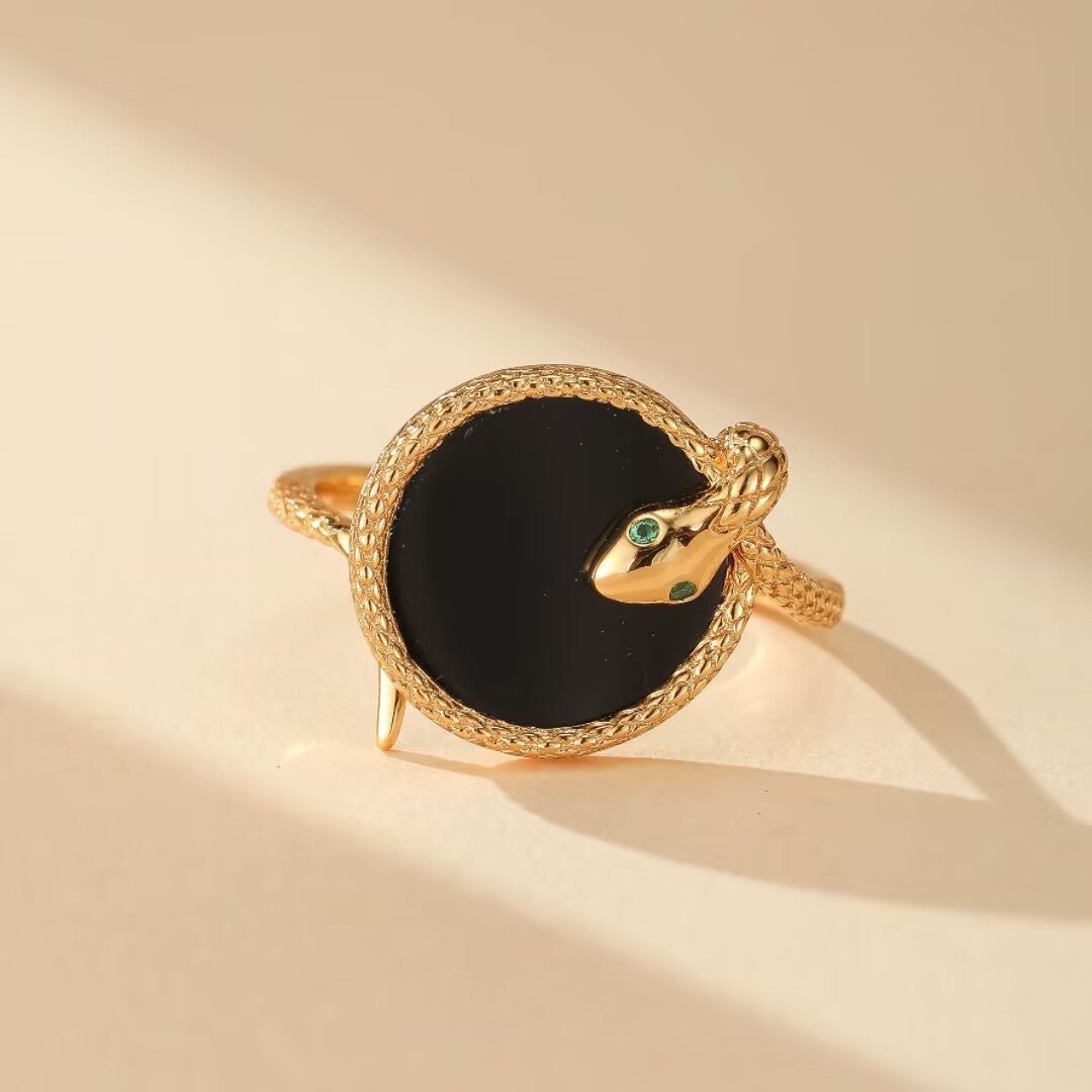 Bague Serpent Royal en Argent Plaqué Or avec Onyx - Bijou Cadeau - Biloria