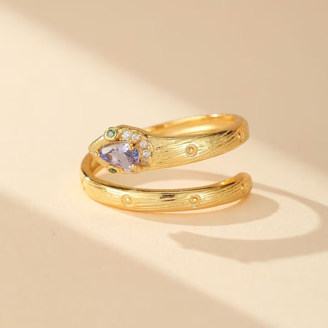 Bague Serpent Tanzanite Ajustable – Argent Plaqué Or - Biloria