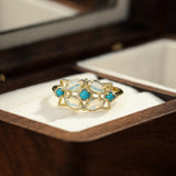 Bague spirituelle Pierre de Lune et Turquoise Florale Argent Plaqué Or - Biloria
