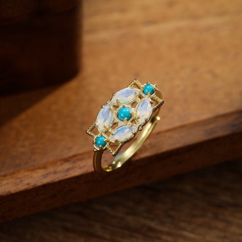 Bague spirituelle Pierre de Lune et Turquoise Florale Argent Plaqué Or - Biloria